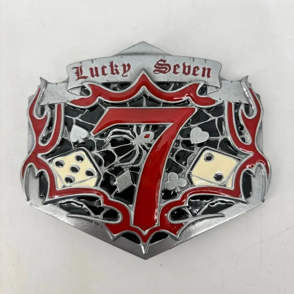 Lucky Seven Belt Buckle Red Black Dice Spider Web Spade Heart